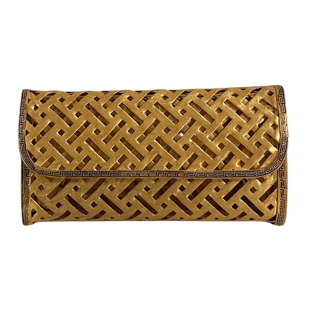 1960s Gold Plated Clutch Purse | Metal & Greek Key Trim Formal Evening Bag